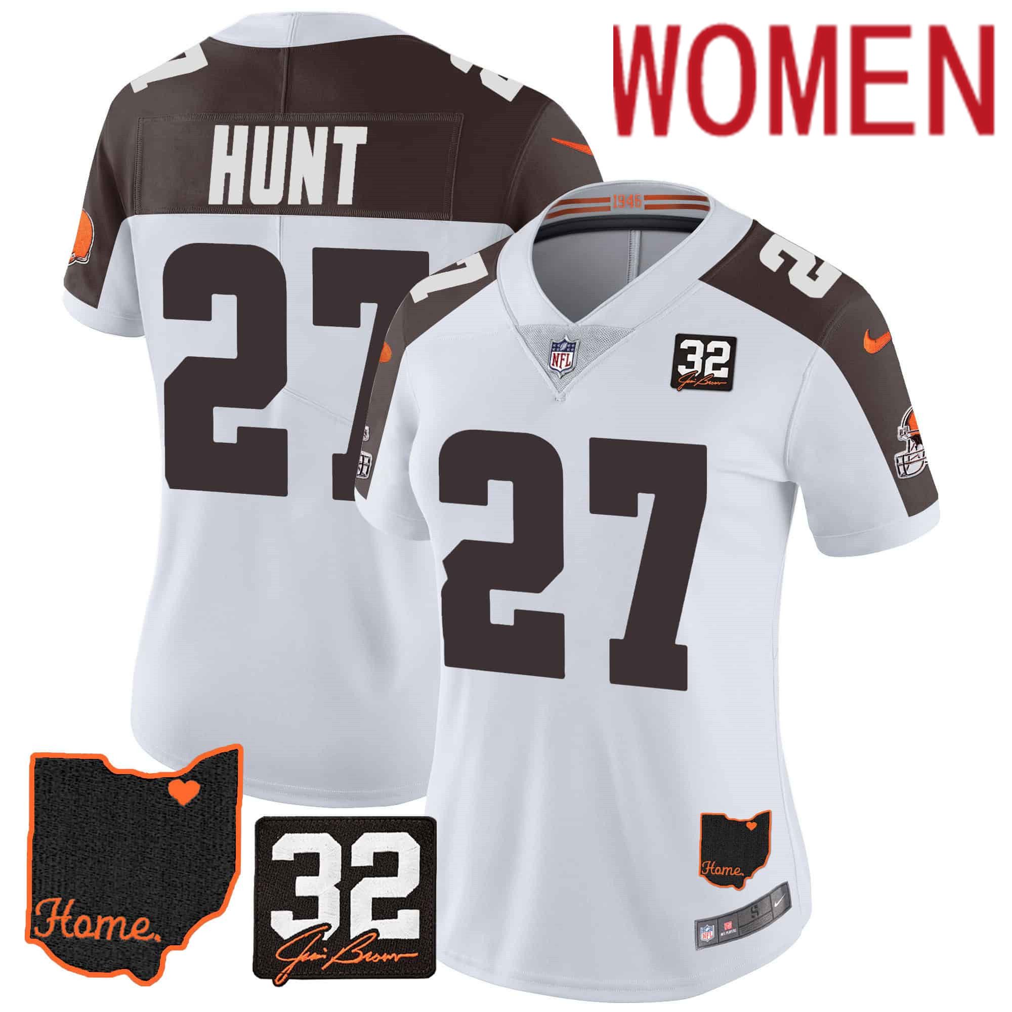 Women Cleveland Browns 27 Hunt White Memorial Home Patch 2024 Nike NFL Jersey style 1